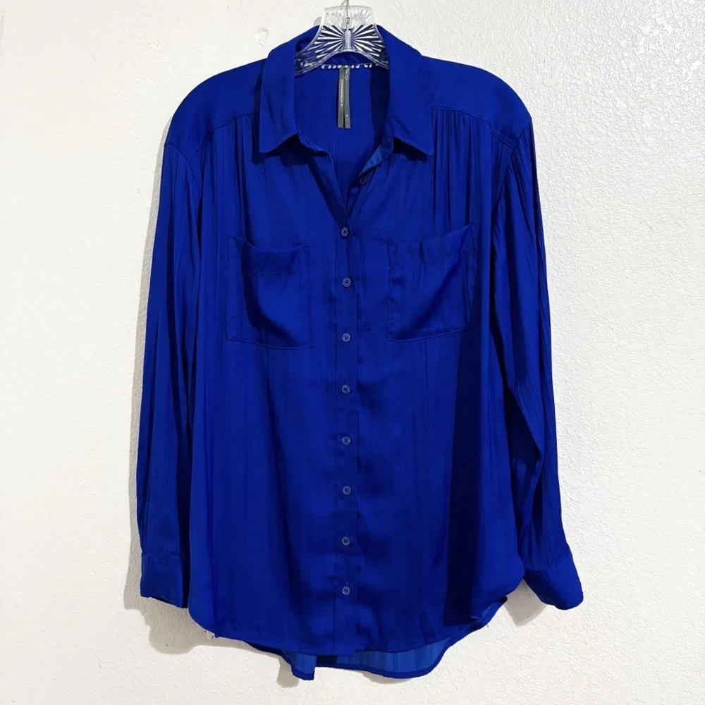 Anthropologie Relaxed Crinkle‎ Satin Button Down Shirt in Cobalt Blue - Picture 5 of 10